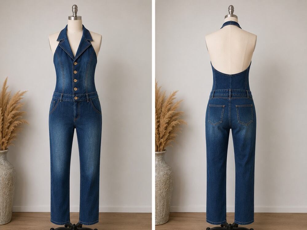 Truth Denim Halter Denim Jumpsuit Med Wash Button Front Sleeveless One-Piece M